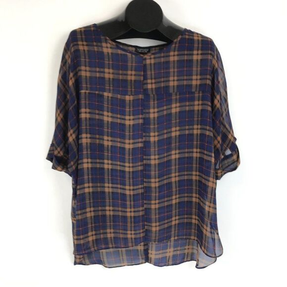 Topshop Sheer Plaid Open Back Blouse Women's Size 12 Scoop Neck Dolman Sleeves - Picture 1 of 12
